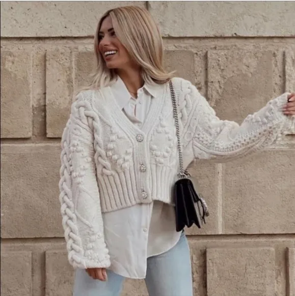 Zara knit cardigan jewel buttons cream Size S