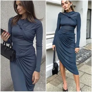 Zara Knotted Asymmetric * Sheer Midi Blue Dress Long Sleeve NWT
