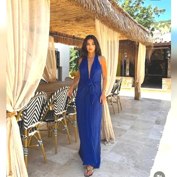 Zara Long Linen Blend Cobalt Blue Dress NWT