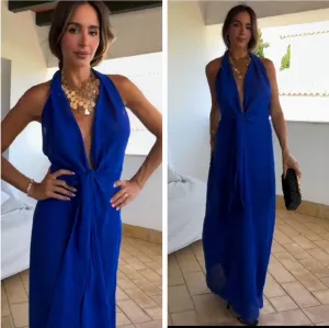 Zara Long Linen Blend Cobalt Blue Dress NWT