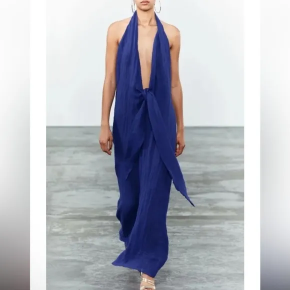 Zara Long Linen Blend Cobalt Blue Dress NWT