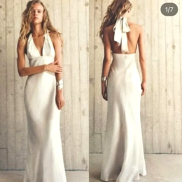 ZARA LONG SATIN EFFECT HALTER DRESS SIZE S