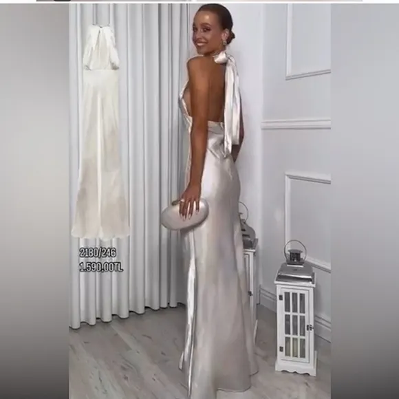 ZARA LONG SATIN EFFECT HALTER DRESS SIZE S