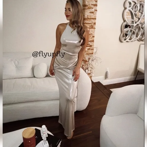 ZARA LONG SILVER METALLIC FOIL MAXI HALTER DRESS