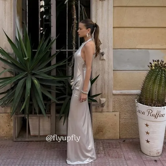ZARA LONG SILVER METALLIC FOIL MAXI HALTER DRESS