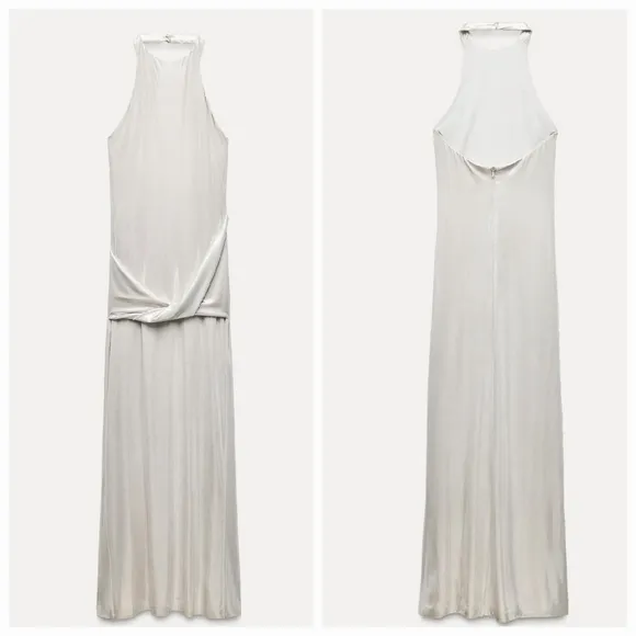 ZARA LONG SILVER METALLIC FOIL MAXI HALTER DRESS
