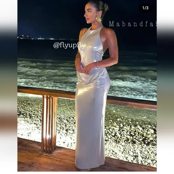 ZARA LONG SILVER METALLIC FOIL MAXI HALTER DRESS
