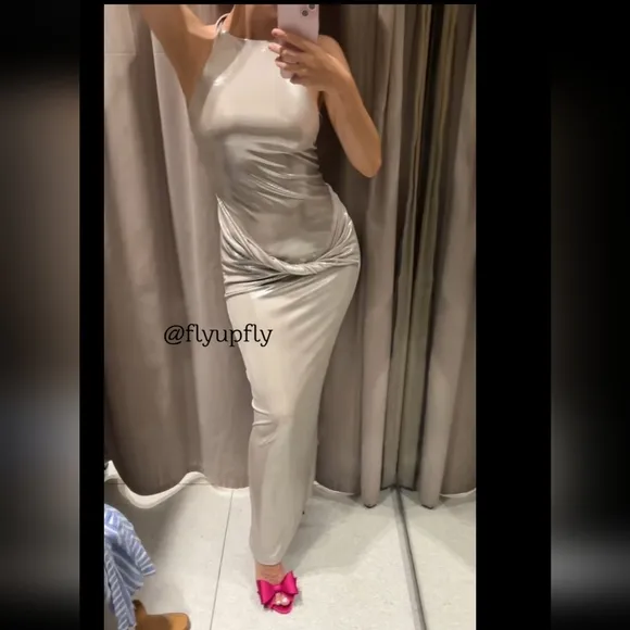 ZARA LONG SILVER METALLIC FOIL MAXI HALTER DRESS