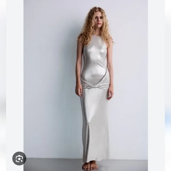 ZARA LONG SILVER METALLIC FOIL MAXI HALTER DRESS