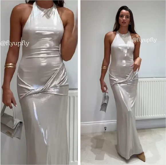 ZARA LONG SILVER METALLIC FOIL MAXI HALTER DRESS