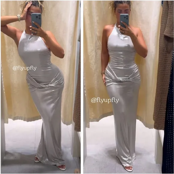 ZARA LONG SILVER METALLIC FOIL MAXI HALTER DRESS