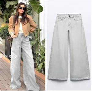 ZARA mid rise palazzo wide jeans grey