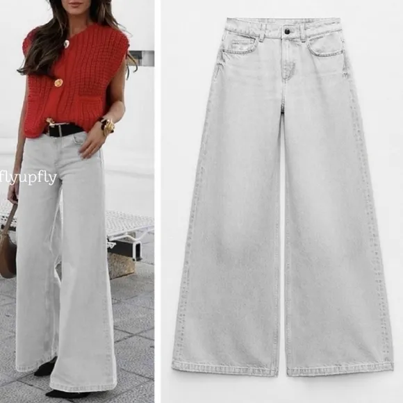 ZARA mid rise palazzo wide jeans grey