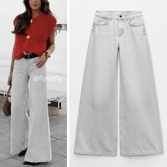 ZARA mid rise palazzo wide jeans grey