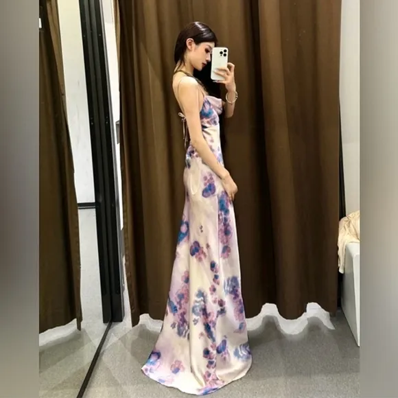ZARA NEW LONG SATIN DRESS WITH OPEN BACK SIZE S