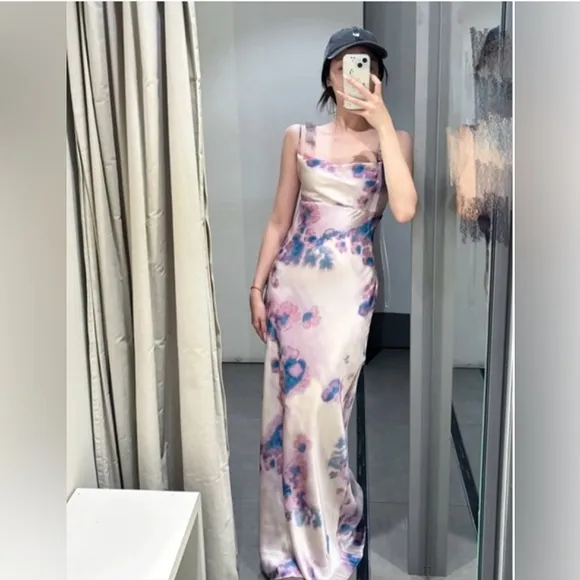 ZARA NEW LONG SATIN DRESS WITH OPEN BACK SIZE S