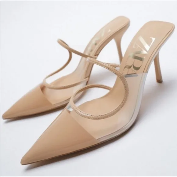Zara Nude and Clear Pointy Toe Mules Slip On Mule 3.5 inch Stiletto Heel