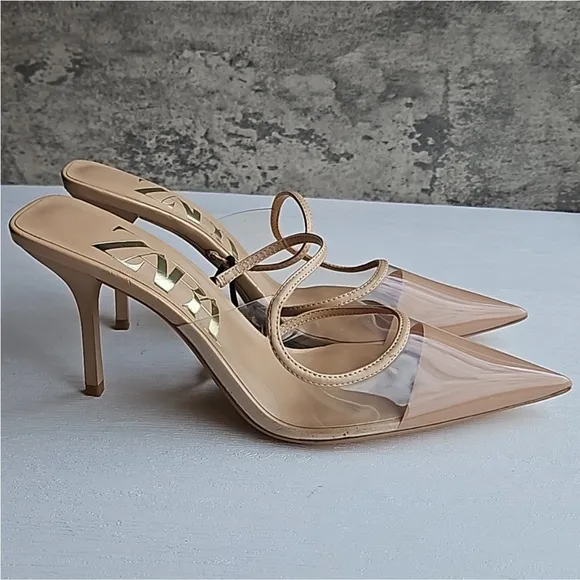 Zara Nude and Clear Pointy Toe Mules Slip On Mule 3.5 inch Stiletto Heel
