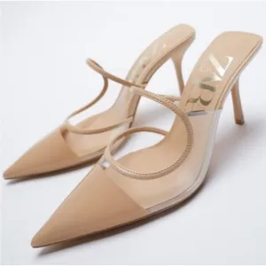 Zara Nude and Clear Pointy Toe Mules Slip On Mule 3.5 inch Stiletto Heel