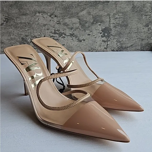Zara Nude and Clear Pointy Toe Mules Slip On Mule 3.5 inch Stiletto Heel