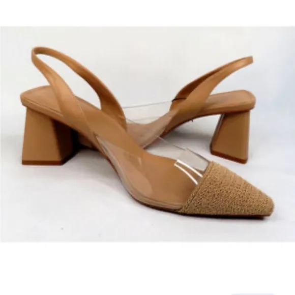 Zara nude / beige clear pvc straw detail slingback block heels