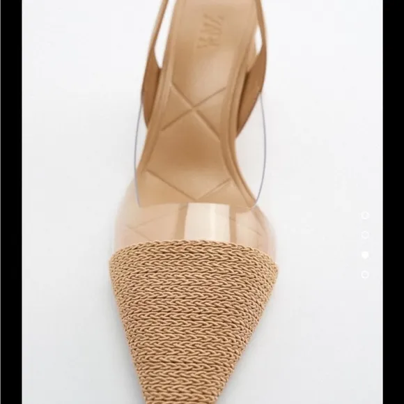 Zara nude / beige clear pvc straw detail slingback block heels