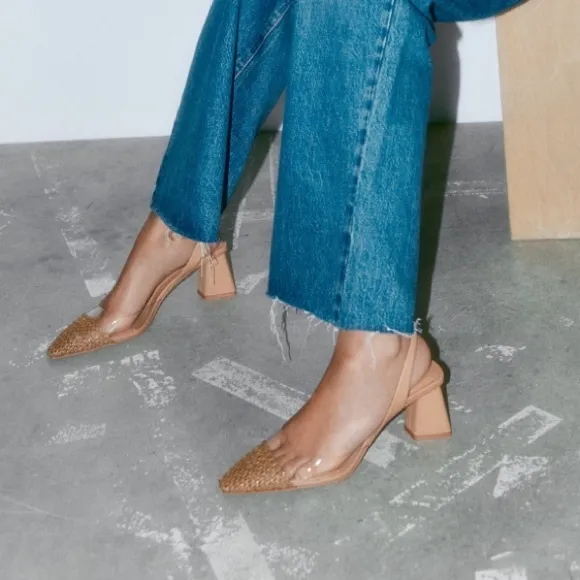 Zara nude / beige clear pvc straw detail slingback block heels