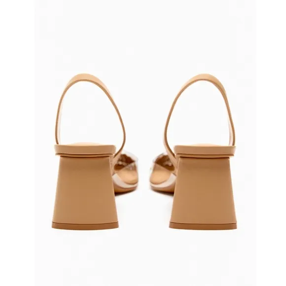 Zara nude / beige clear pvc straw detail slingback block heels