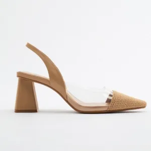 Zara nude / beige clear pvc straw detail slingback block heels