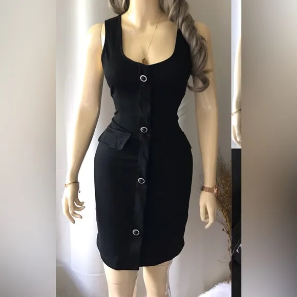 Zara NWT Black Fitted Mini Dress withEmbellished crystal buttons, button front
