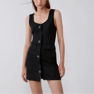 Zara NWT Black Fitted Mini Dress withEmbellished crystal buttons, button front
