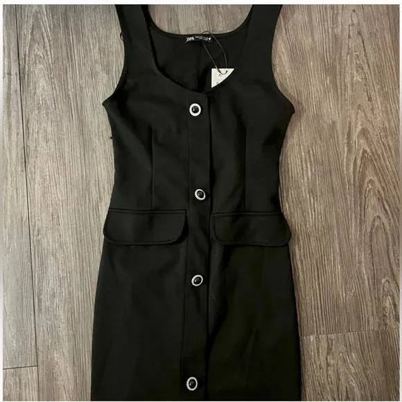 Zara NWT Black Fitted Mini Dress withEmbellished crystal buttons, button front
