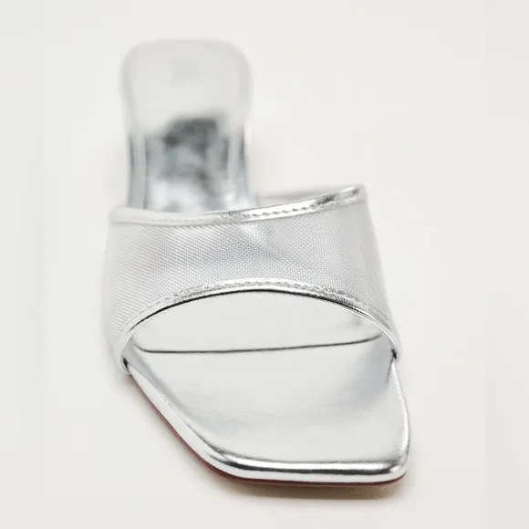 Zara NWT Metallic mesh heeled slides
