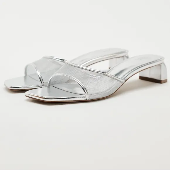Zara NWT Metallic mesh heeled slides