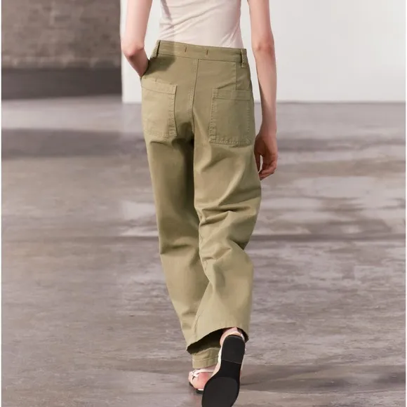 Zara NWT Wrap chino pants ZW collection denim jeans khaki/olive
