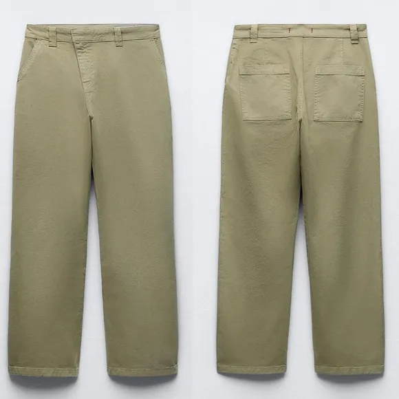 Zara NWT Wrap chino pants ZW collection denim jeans khaki/olive