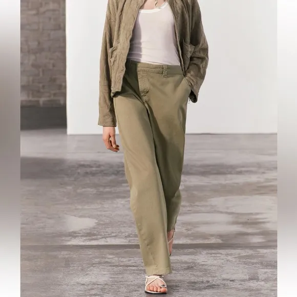 Zara NWT Wrap chino pants ZW collection denim jeans khaki/olive