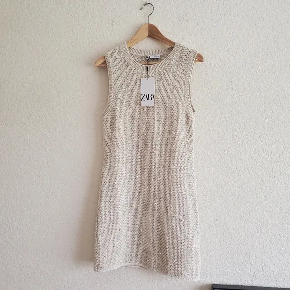 ZARA PEARL KNIT MINI DRESS SIZE M