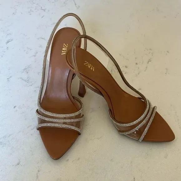 Zara peep toe rhinestone clear vinyl pvc slingback heels