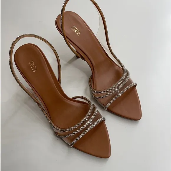 Zara peep toe rhinestone clear vinyl pvc slingback heels