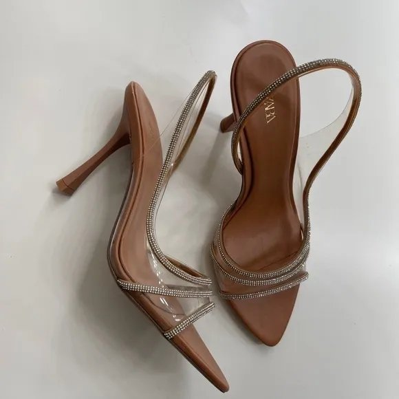 Zara peep toe rhinestone clear vinyl pvc slingback heels