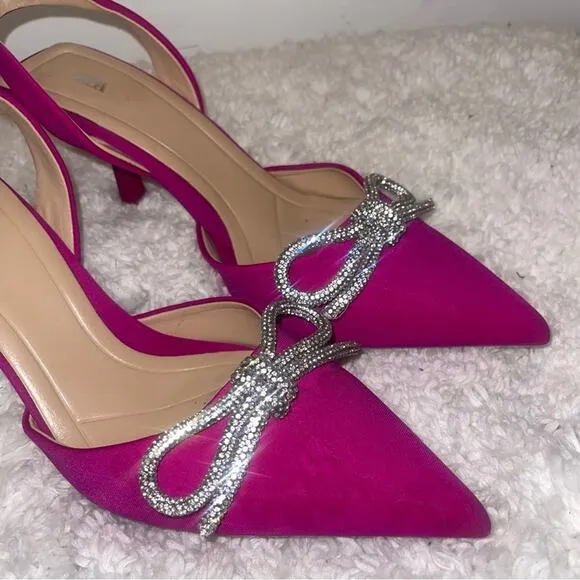 Zara Pink Slingback Heel Satin Effect Rhinestone Bow Shoes