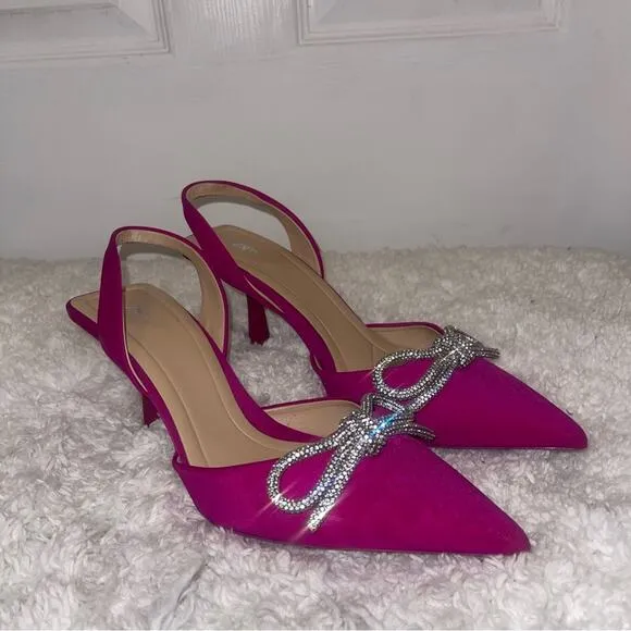 Zara Pink Slingback Heel Satin Effect Rhinestone Bow Shoes