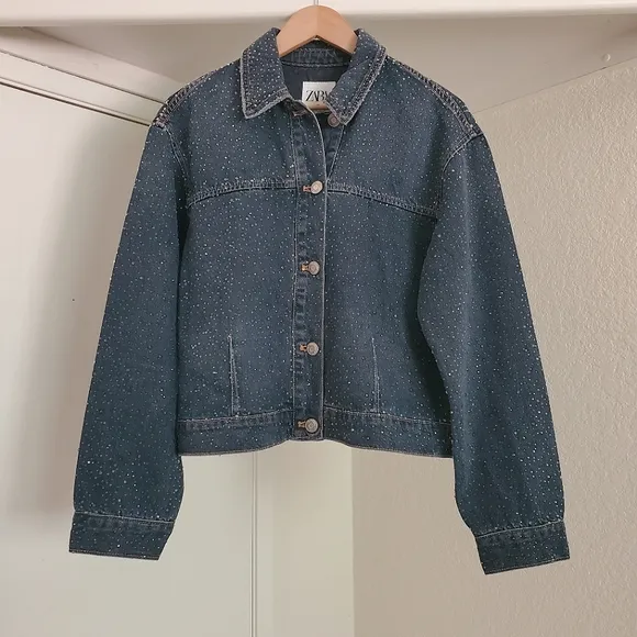 ZARA RHINESTONE JEWEL DENIM JACKET BLUE SIZE XS