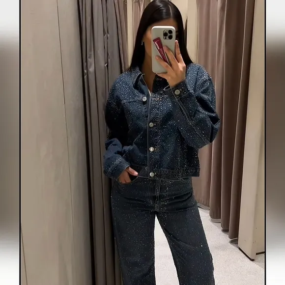 ZARA RHINESTONE JEWEL DENIM JACKET BLUE SIZE XS