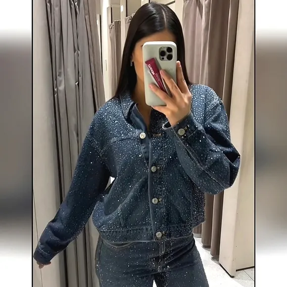 ZARA RHINESTONE JEWEL DENIM JACKET BLUE SIZE XS