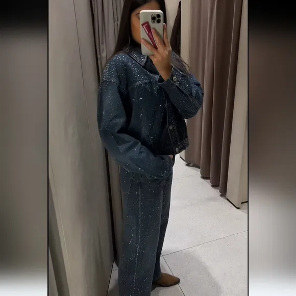 ZARA RHINESTONE JEWEL DENIM JACKET BLUE SIZE XS