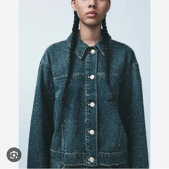 ZARA RHINESTONE JEWEL DENIM JACKET BLUE SIZE XS