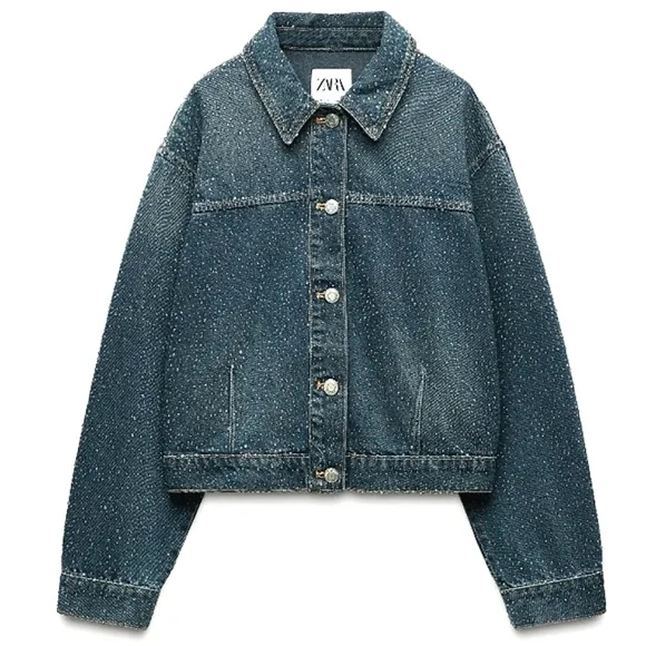 ZARA RHINESTONE JEWEL DENIM JACKET BLUE SIZE XS