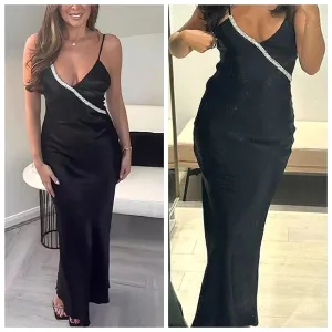 Zara Satin Effect Rhinestone Maxi Dress Black size S
